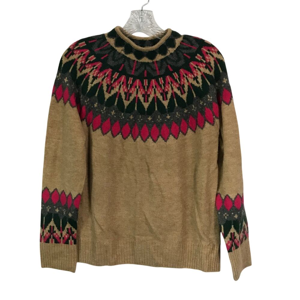 Vince Camuto Sweater Small Fair Isle Knit Tan Pink Green Nordic Mock Neck S NWT